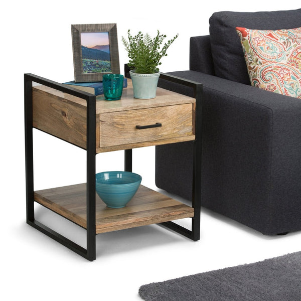 English Elm Riverside End Table - Handcrafted Solid Mango Wood With Modern Industrial Style & Storage Solutions B136P158211-GIGA