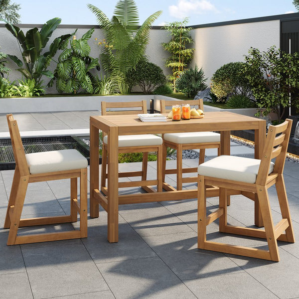 English Elm Trexm Solid Acacia Outdoor Bar Set Five Piece Rustic Slatted Counter Height Patio Light Teak TM000029AAD