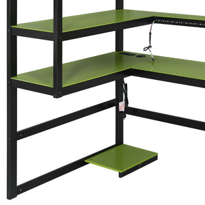 English Elm Twin Loft Bed with Rgb Lighting Usb Ports Wraparound Shelves and Gaming Desk Green LT000298AAF