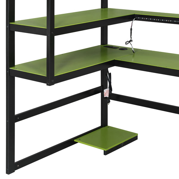 English Elm Twin Loft Bed with Rgb Lighting Usb Ports Wraparound Shelves and Gaming Desk Green LT000298AAF