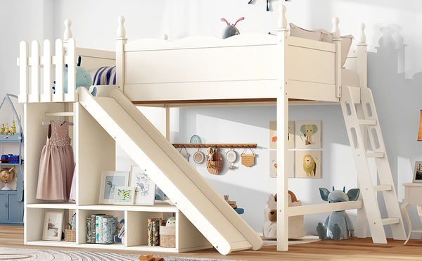 English Elm Twin Loft Bed Solid Pine Frame with Wardrobe Shelving Detachable Slide Kids Room Beige W5305S00023