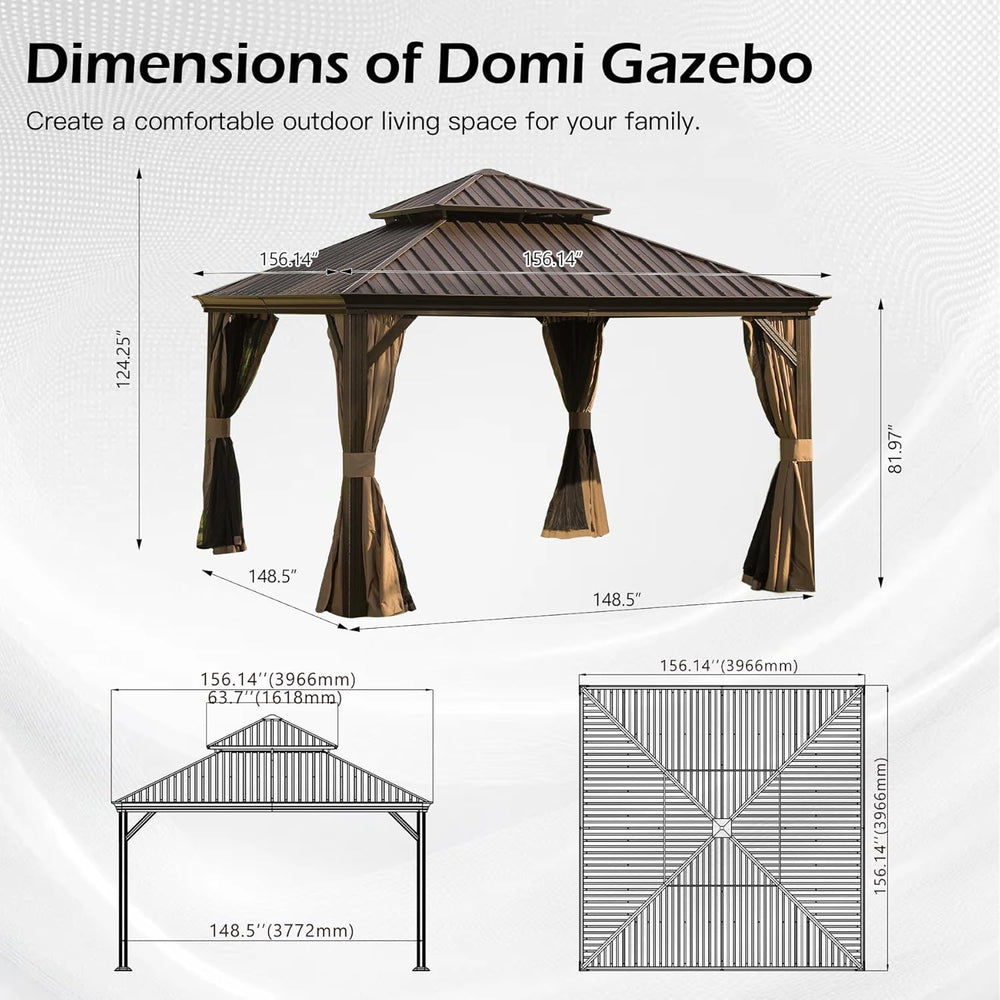 English Elm 13x13ft Hardtop Gazebo Galvanized Steel Vented Double Roof with Curtains Netting Patio Brown W1859S00204