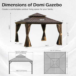 English Elm 13x13ft Hardtop Gazebo Galvanized Steel Vented Double Roof with Curtains Netting Patio Brown W1859S00204