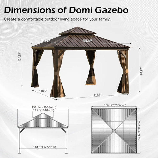 English Elm 13x13ft Hardtop Gazebo Galvanized Steel Vented Double Roof with Curtains Netting Patio Brown W1859S00204