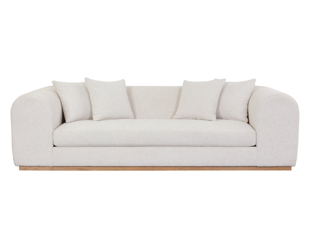 Sunpan Caspian Sofa - Luxe Boucle Copenhagen White Upholstery with Light Oak Base for Ultimate Comfort