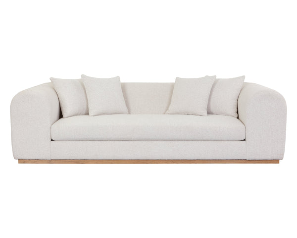 Sunpan Caspian Sofa - Luxe Boucle Copenhagen White Upholstery with Light Oak Base for Ultimate Comfort