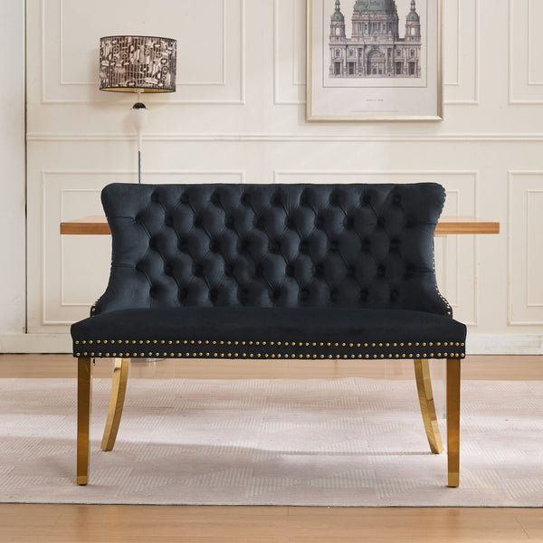 English Elm Velvet Double Dining Loveseat Bench - Luxurious Black Tufted Seating With Gold Legs For Modern Homes W1143P362523-GIGA