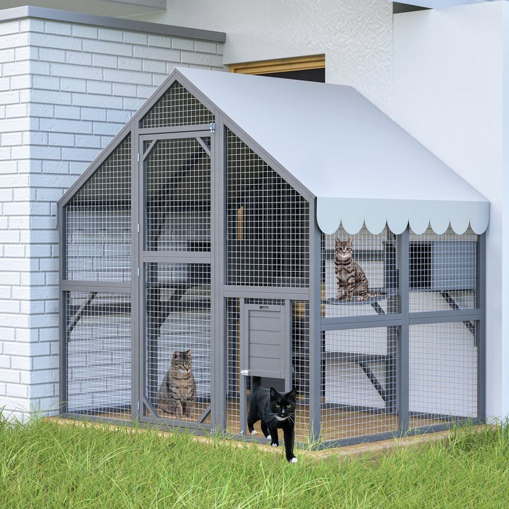 English Elm Extra Large Walk-in Outdoor Cat Enclosure with Oxford Roof Ramps and Dual Resting Huts W1422S00046
