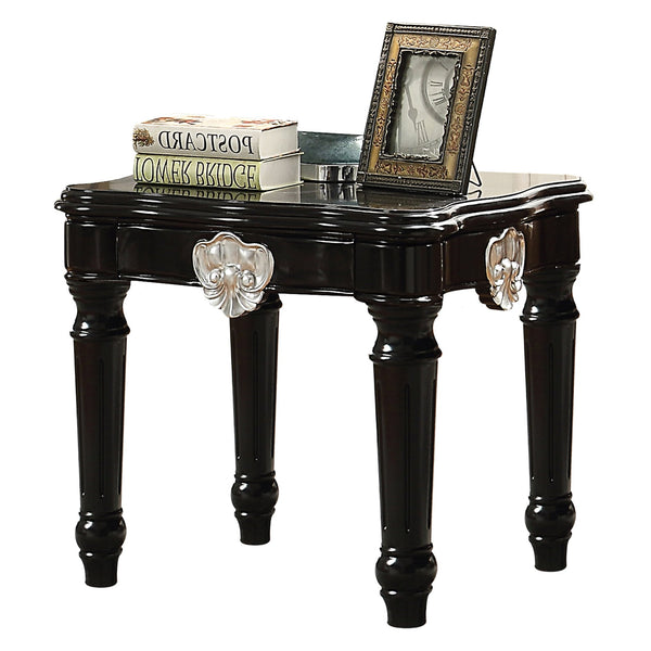English Elm Black End Table with Scalloped MDF Top and Turned Legs, Poplar Apron Carved Motif, Timeless Accent B062P189193