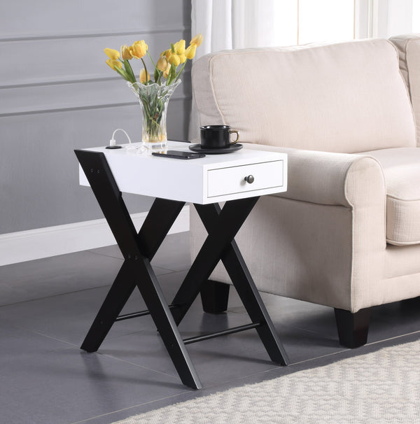English Elm Fierce Modern White & Black Accent Table with Built-In USB, Pull-Out Drawer, Sleek X-Leg Design B2726P243282