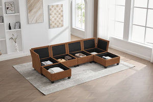 English Elm UNITED Modular 6-Seat Sectional Sofa with Removable Ottoman, Storage Compartments, Convertible Comfort Orange W1568S00246