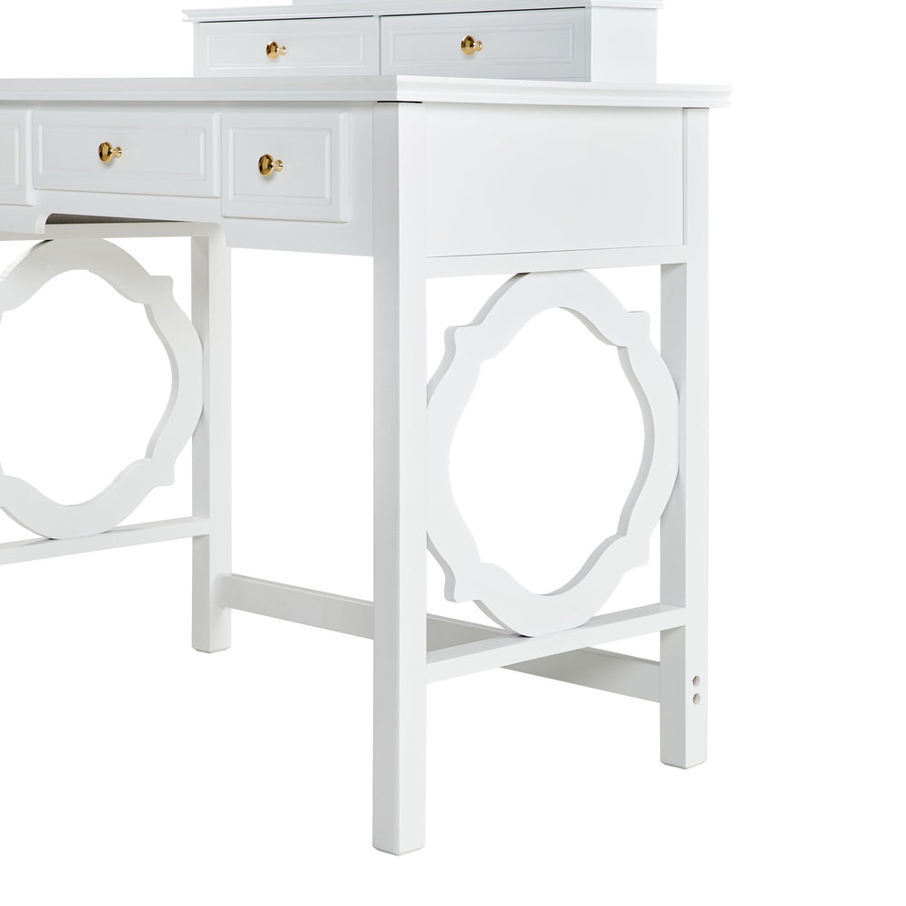English Elm Compact Floral Makeup Vanity Table with Swivel Flower Mirror, 5 Drawers & PU Stool — Space-Saving Beauty Station N844P288535A