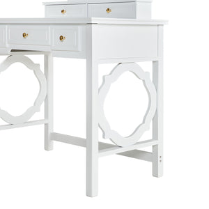 English Elm Compact Floral Makeup Vanity Table with Swivel Flower Mirror, 5 Drawers & PU Stool — Space-Saving Beauty Station N844P288535A