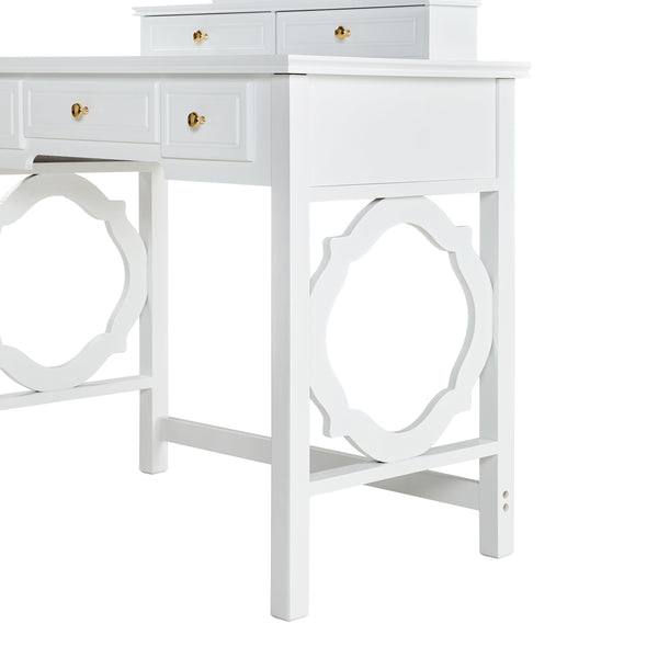 English Elm Compact Floral Makeup Vanity Table with Swivel Flower Mirror, 5 Drawers & PU Stool — Space-Saving Beauty Station N844P288535A