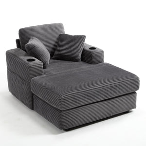 English Elm [New]Corduroy Upholstered Chaise Lounge Sofa with Detachable Cushions, Deep Seat, Cup Holders Grey W2120P322753