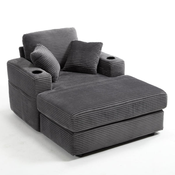 English Elm [New]Corduroy Upholstered Chaise Lounge Sofa with Detachable Cushions, Deep Seat, Cup Holders Grey W2120P322753