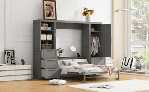 English Elm Queen Murphy Wall Bed with Wardrobe Drawers and Shelves for Studio or Guest Room Gray LP000865AAE-1