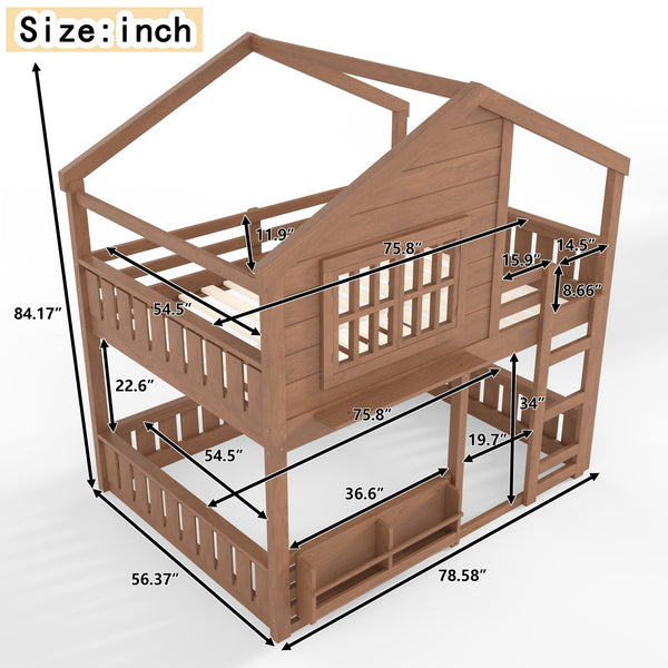 English Elm Full Bunk Bed with Trundle Bookshelf Storage Pine Frame Car Design for Kids Natural W1580S00522