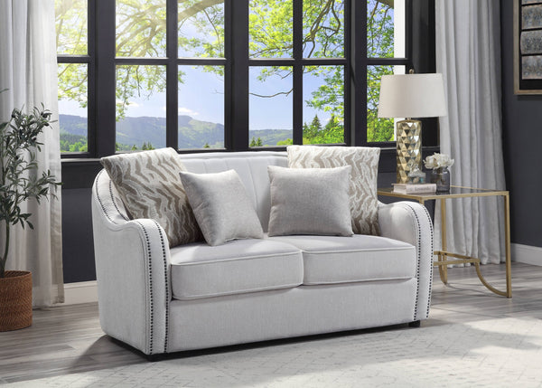 English Elm Mahler Beige Linen Loveseat with Nailhead Trim Pocket Coil Support and Four Pillows B2726P457621