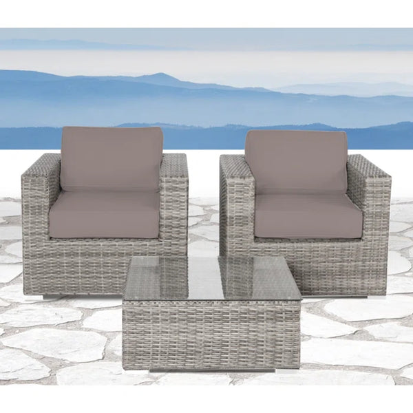 English Elm Rattan 3-Piece Outdoor Seating Set for Two — Fully Assembled Club Chairs, Glass Coffee Table, Tan Cushions (No Assembly) B120S00155