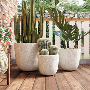 English Elm U_style Mgo Round Planters Set of Three Crackle Stone Texture Patio Garden Pots Beige N711P406660A