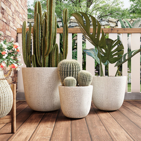 English Elm U_style Mgo Round Planters Set of Three Crackle Stone Texture Patio Garden Pots Beige N711P406660A