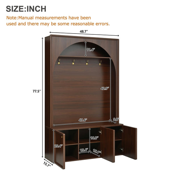 English Elm On-trend Farmhouse Hall Tree Arched Cabinet Storage Bench with Golden Hooks Mudroom Walnut N721S000080P