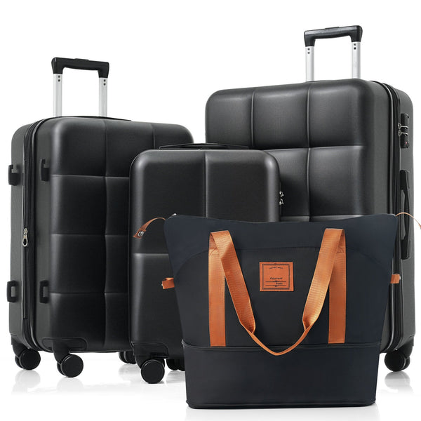 English Elm Luggage Set 4 Piece Abs Hard Shell Spinner Suitcases with Usb Port and Cup Holder Black+Brown N726P185038A