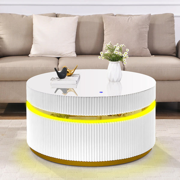 English Elm Tivoli Round Glass Top Coffee Table with Led Glow Reeded Base and Gold Accent Detail B2749P413291