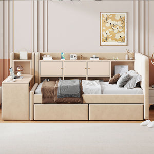 English Elm Twin Upholstered Daybed with Velvet Finish, High Back Shelves, Flip Cabinets, Drawers & Side Table Beige SF000196AAA