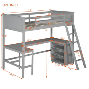 English Elm Twin Loft Bed with Built-in Desk and Open Shelves Solid Pine Kids Study Sleep Gray LT001537AAE-1