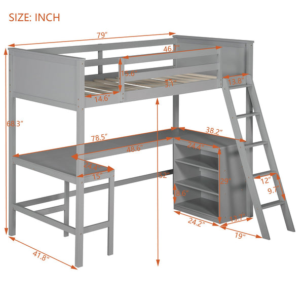English Elm Twin Loft Bed with Built-in Desk and Open Shelves Solid Pine Kids Study Sleep Gray LT001537AAE-1