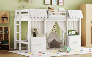 English Elm Twin Loft Bed Cottage-Style Playhouse with Built-In Bookshelf, Curtain & Storage, Safe Guardrails White W1580S00355