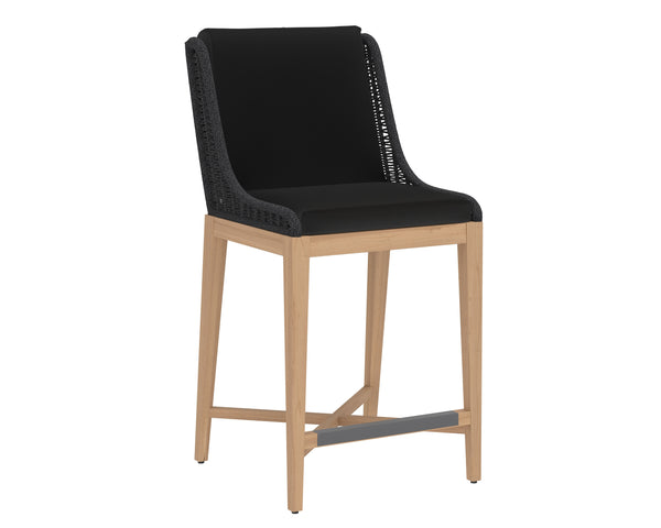 Sunpan Sorrento Stylish Outdoor Barstool with Durable Teak Wood Base and Weather-Resistant Fabric Seat Arashi Black