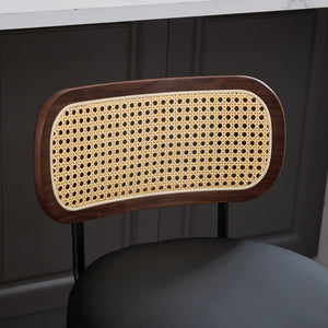 English Elm Set of 2 Rattan Counter Stools with Cane Back and PU Upholstery, 360° Swivel, Walnut Craftsmanship Black W1143P300157