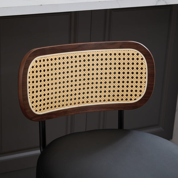 English Elm Set of 3 Rattan Counter Stools with Cane Back and Swivel, Upholstered PU Seat, Walnut Finish, Ergonomic Comfort Black W1143P300159