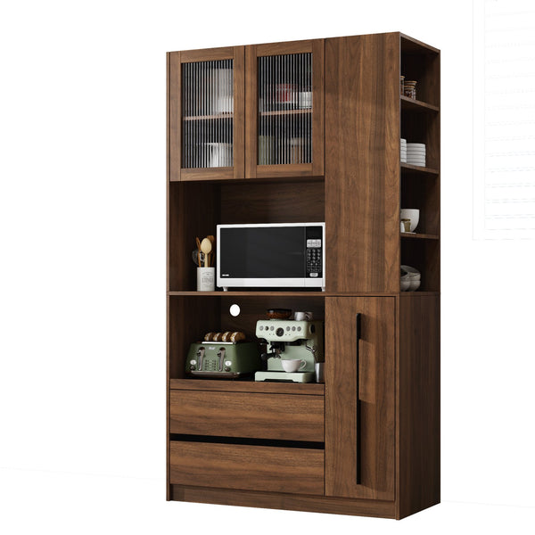 English Elm 70.87" Tall Kitchen Pantry Cabinet – Multi-Functional Storage With Glass Door, Drawers & Microwave Stand W331S00197