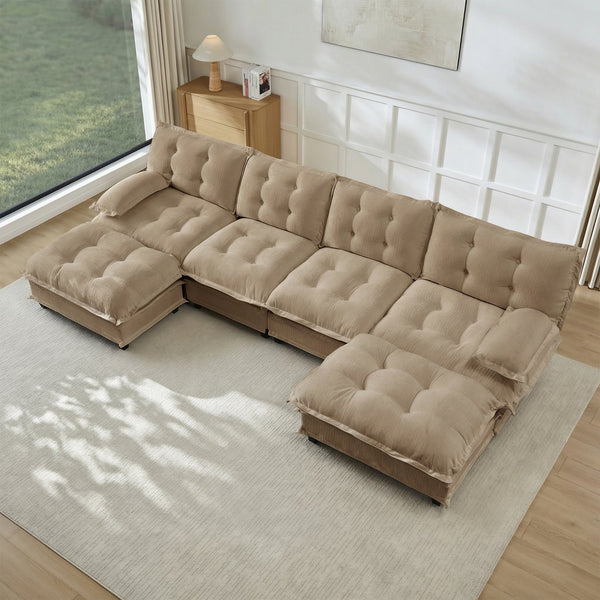 English Elm 138" U-shaped Chenille Cloud Sectional with Ottomans Deep Seat Modular Living Room Sofa Light Coffee W714S01716