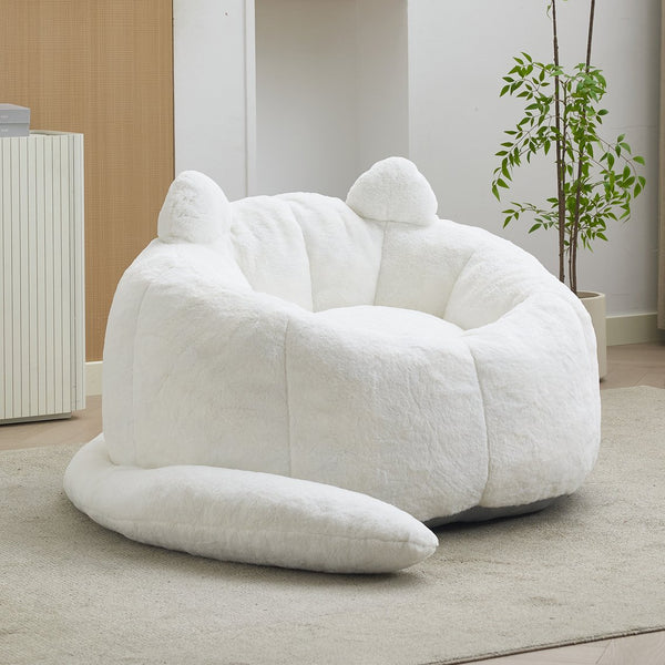 English Elm Cat-shaped Bean Bag Sofa with Sculptural Tail Armrest for Playful Living Spaces White W2311P457293