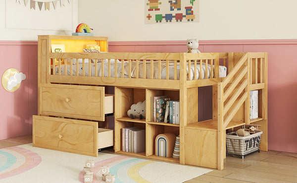 English Elm Twin Loft Bed with Built-In Stairs, Shelves, Hanging Rod & 2 Drawers for Space-Saving Kids Room Natural 45.87 L x 18.5 W x 10.83 H W2593S00005