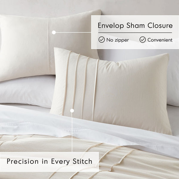 English Elm 3-piece Cal King Pintuck Pleated Microfiber Comforter Set Soft Washed Tailored Bedding Neutral B035P463229