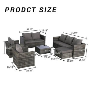 English Elm 6 Piece Outdoor Modular Sectional with Pe Wicker Cushioned Seating and Tempered Glass Table Dark Gray W874S00062