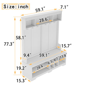 English Elm Modern Hallway Hall Tree with Bench, 6 Metal Hooks & Shoe Cubbies, Spacious Entryway Organizer White W1580P327014