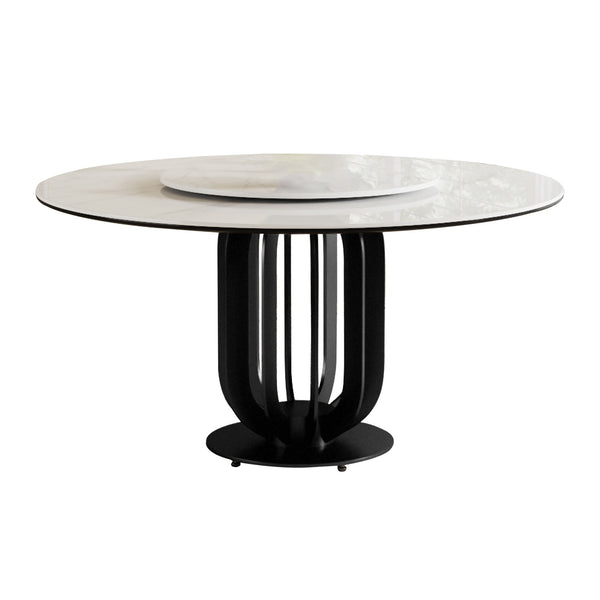 English Elm 59" Round Sintered Stone Dining Table With Lazy Susan & Black Steel Base - Ideal For Modern Spaces W2699S00036