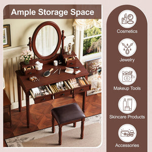 English Elm Vanity Vintage Wooden Makeup Desk with 180° Adjustable Mirror, 5 Velvet‑Lined Drawers & Cushioned Stool Walnut 52.7 L x 22.5 W x 11 H N733P305139D