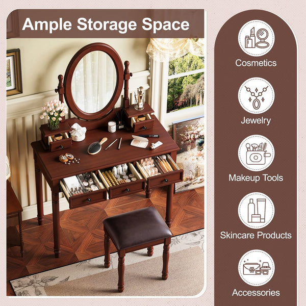 English Elm Vanity Vintage Wooden Makeup Desk with 180° Adjustable Mirror, 5 Velvet‑Lined Drawers & Cushioned Stool Walnut 52.7 L x 22.5 W x 11 H N733P305139D