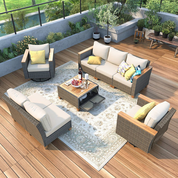 English Elm K&K 8-Piece Wicker Patio Set with 360° Swivel Rockers, Acacia Storage Table, Durable Cushions Beige+Brown N707S000016Z