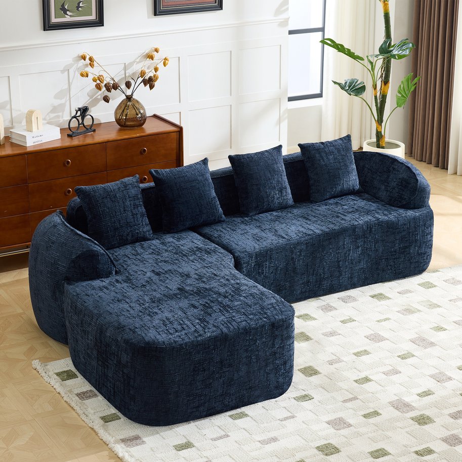 English Elm Beige Chenille L-shaped Sectional Sofa with Chaise Deep Seating and Curved Armrests Dark Blue W3612S00031