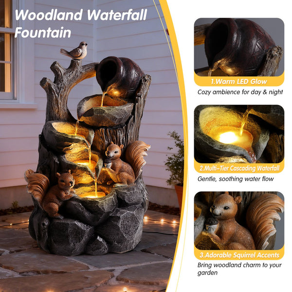English Elm Squirrel Resin Tree Stump Outdoor Water Fountain with Led Lights Garden Patio Decor W5397P454718