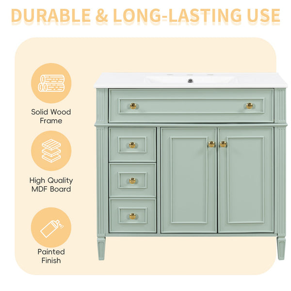 English Elm 36 Inch Freestanding Bathroom Vanity Sage Pine Cabinet Gold Hardware Ceramic Sink Green N725P366468G